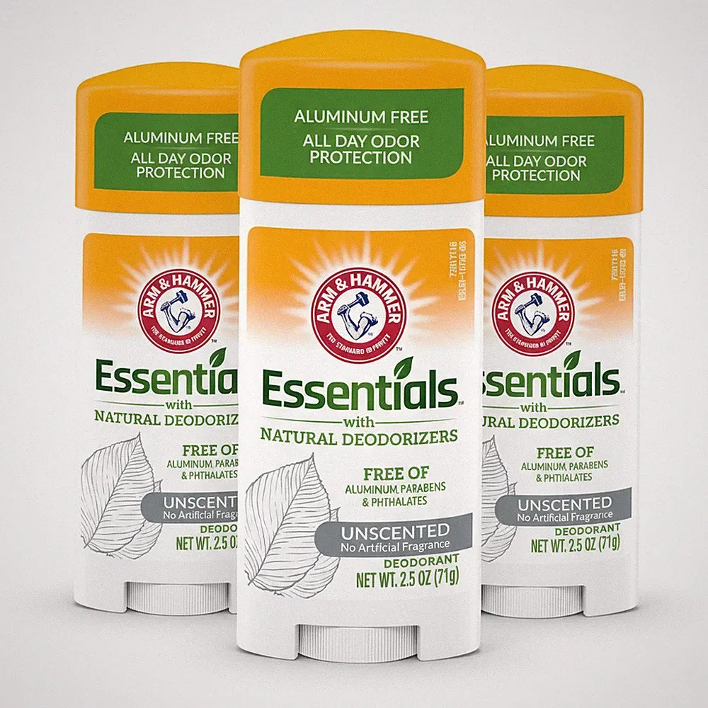 3 Pack Arm & Hammer Essentials Deodorant Solid, Unscented 2.5 Oz (71 g) Each